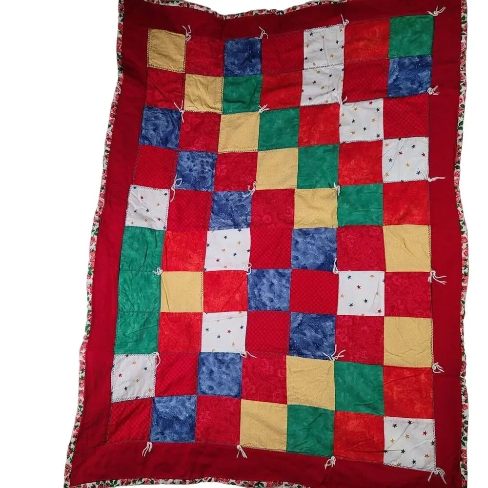 Patchwork Crib Quilt Baby Blanket Floor Play Tummy Time Strawberry Print Back
